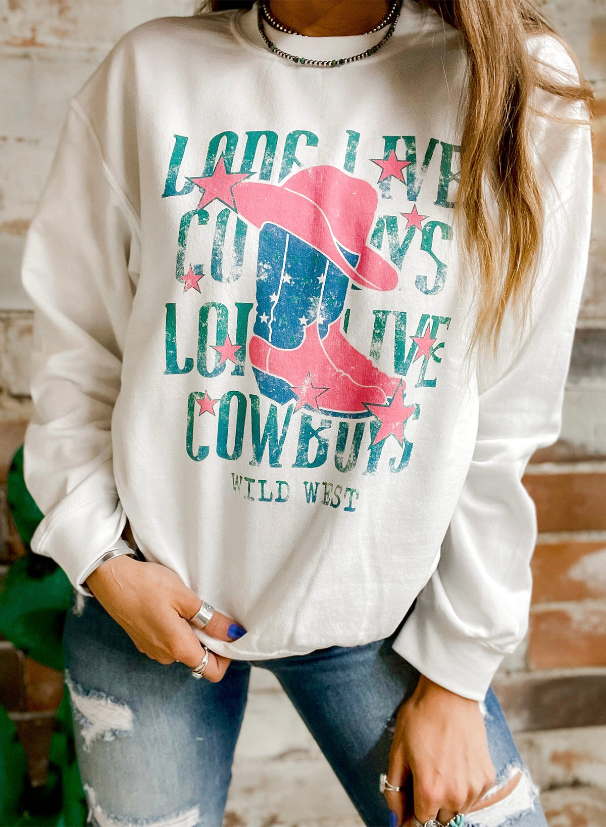 White LONG LIVE COWBOY WILD WEST Graphic Sweatshirt