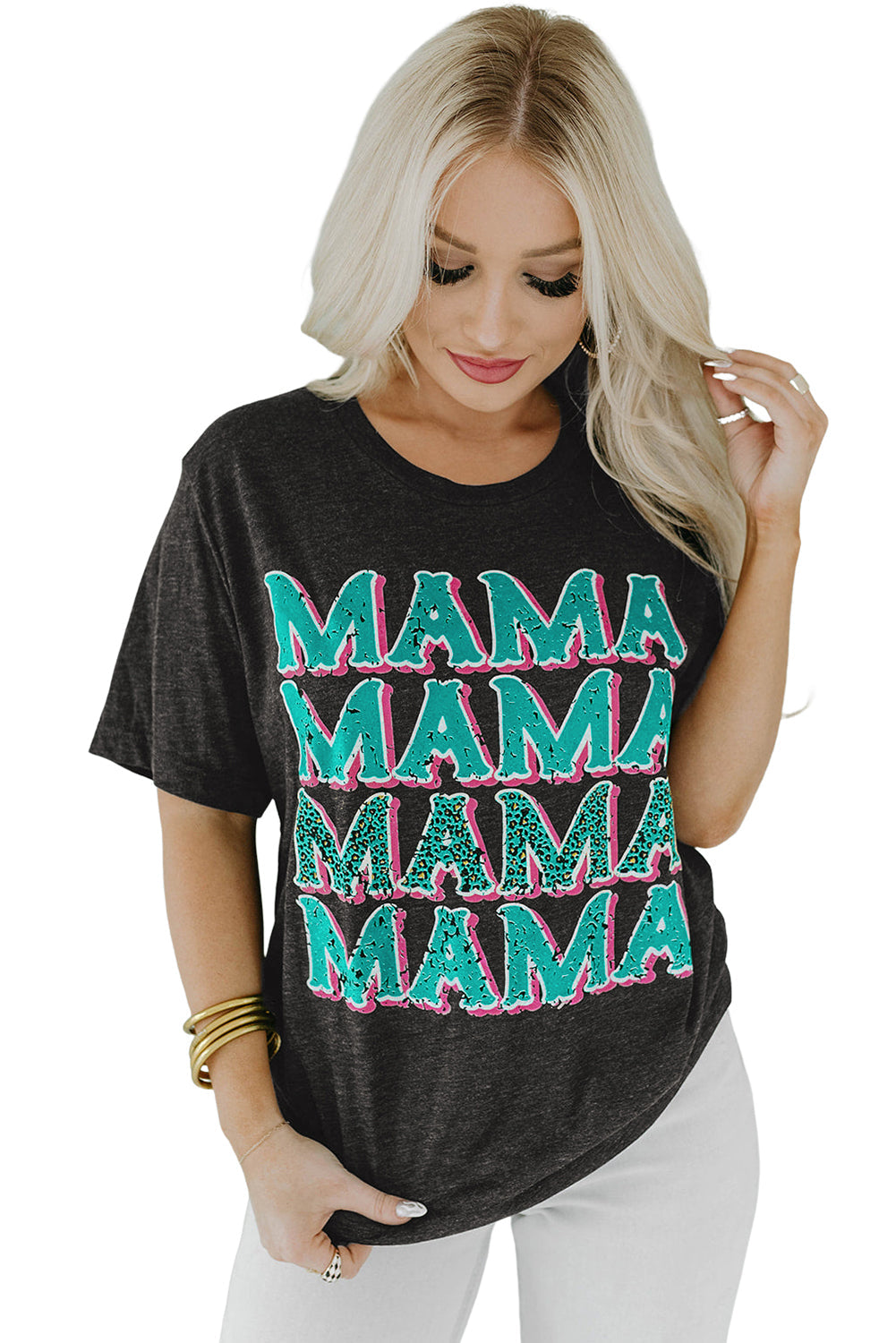 Black MAMA Letter Print Vintage Leopard Graphic T Shirt