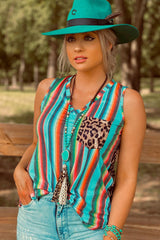 Multicolor Serape Leopard Patchwork Pocket V Neck Tank Top