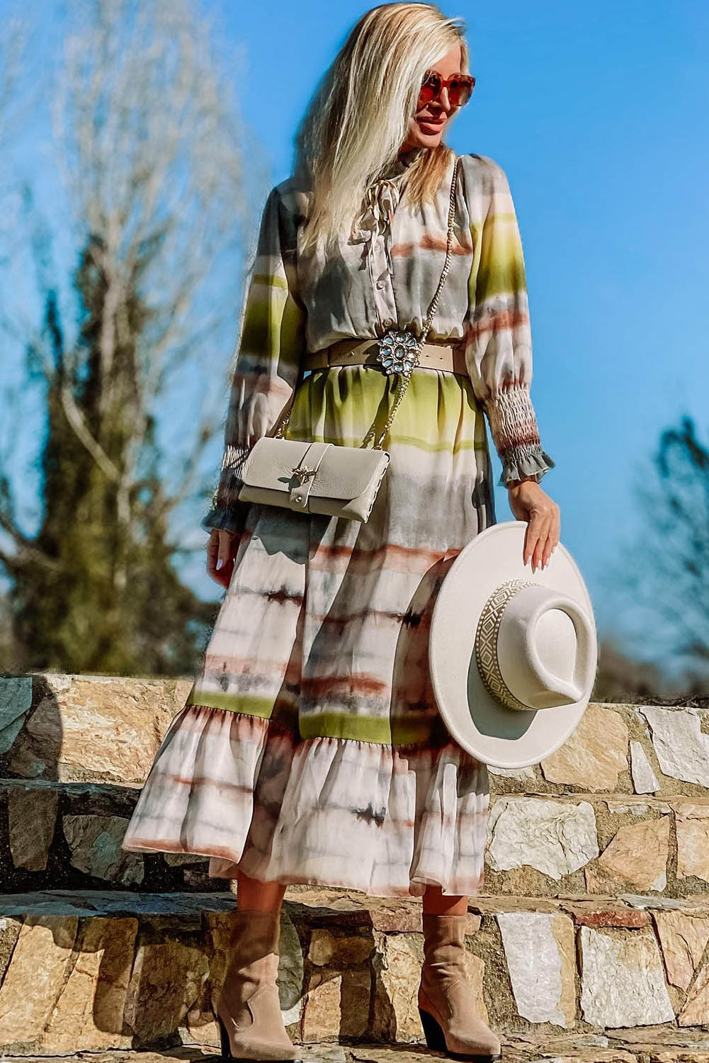 Multicolor Lace Up Tie-dye Print Long Shirt Dress