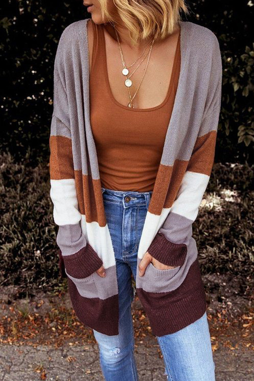 Khaki Open Front Colorblock Cardigan with Pockets