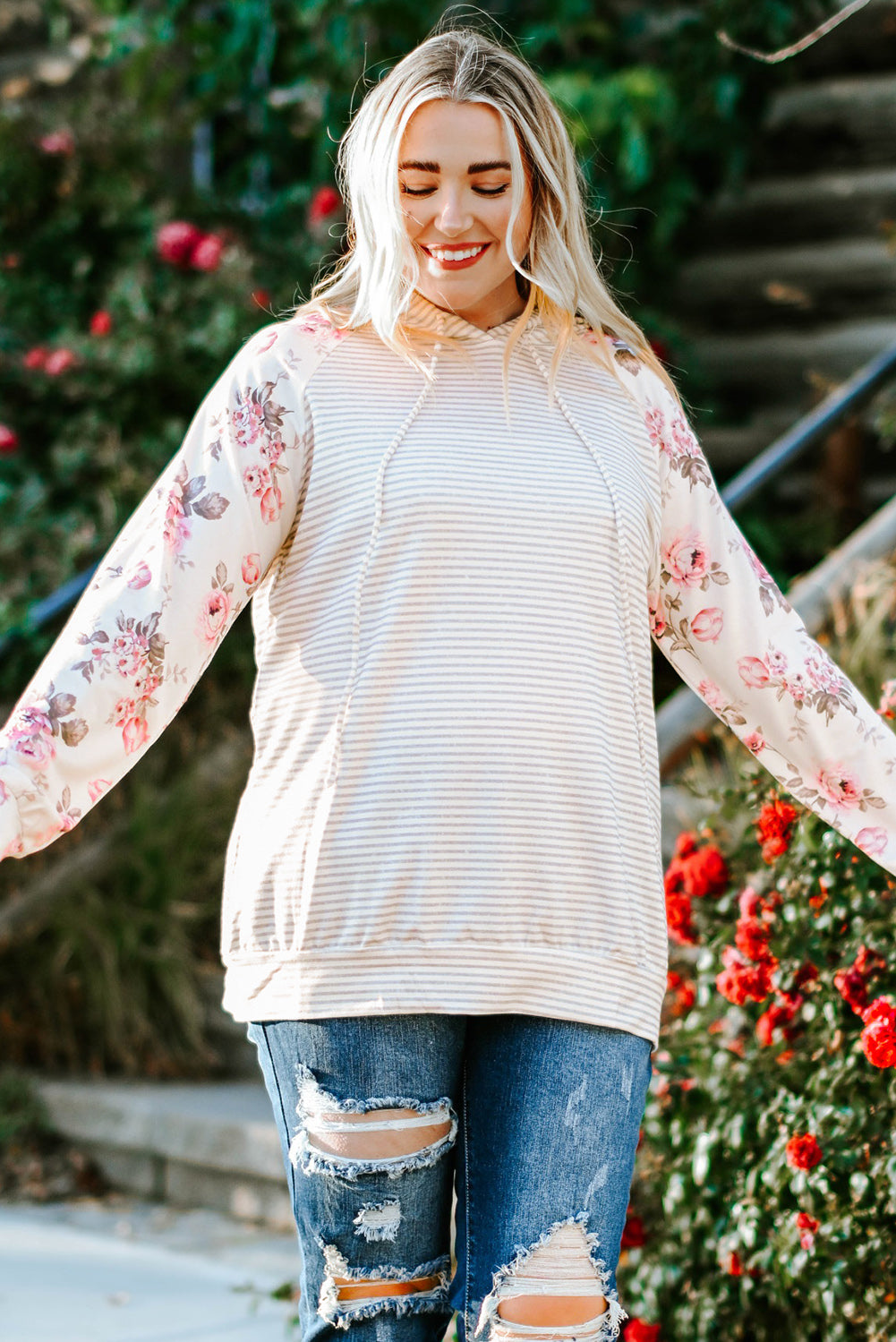 Stripe Plus Size Floral Raglan Sleeve Striped Hoodie