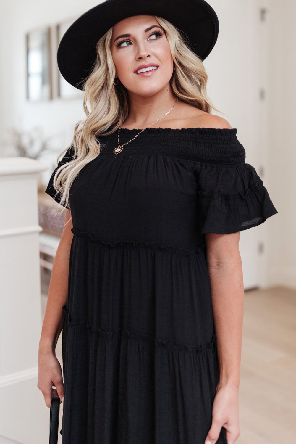 Black Plus Size Smocked Off Shoulder Frill Tiered Maxi Dress