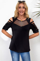 Black Fishnet Splicing Strappy Cutout Shoulder Sleeve Top