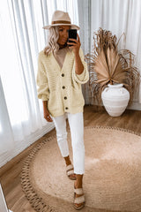 Beige Chunky Textured Knit Pocketed V Neck Cardigan