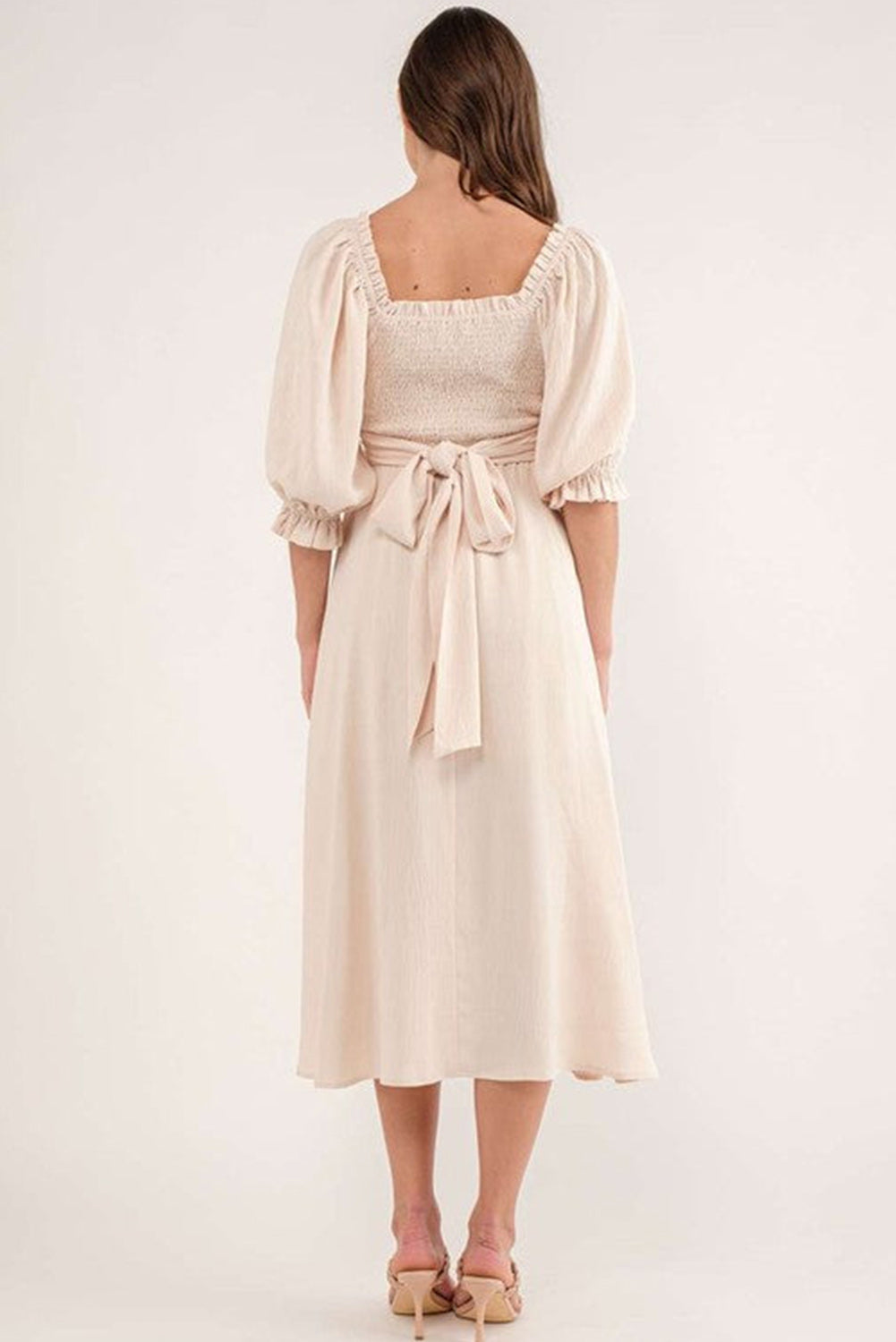 Beige Puff Sleeve Cross Tie Cut Out Maxi Dress