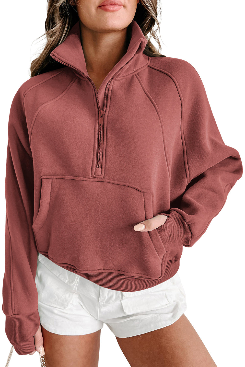 Green Zip Up Stand Collar Ribbed Thumbhole Sleeve Sweatshirt