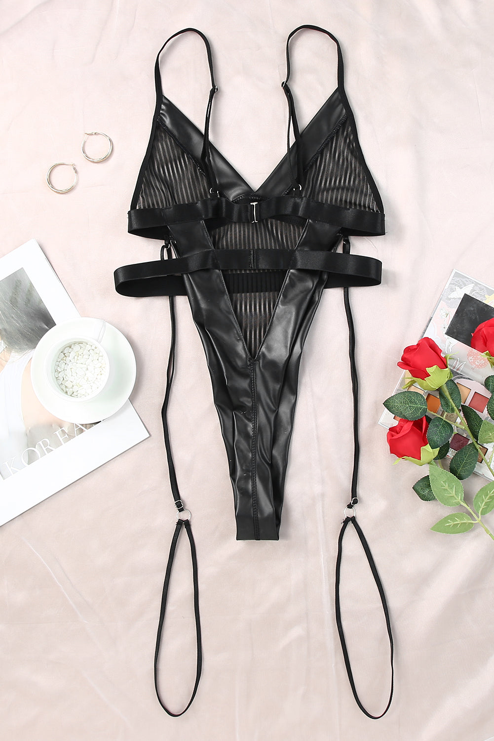 Black Sheer Striped Faux Leather Trim Garter Belt Teddy Lingerie