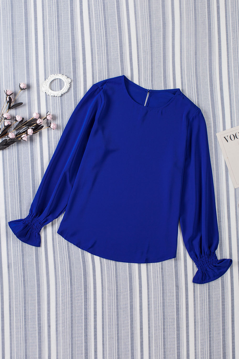 Sky Blue Crew Neck Ruffle Bubble Sleeve Top