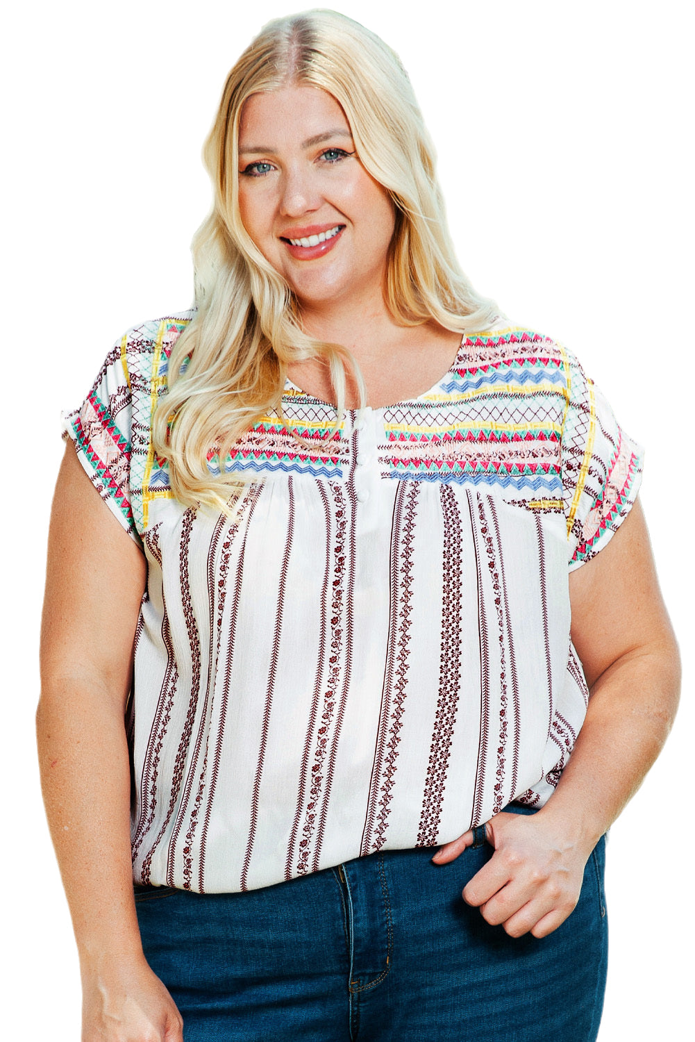 Multicolor Plus Size Boho Floral Striped Print Blouse