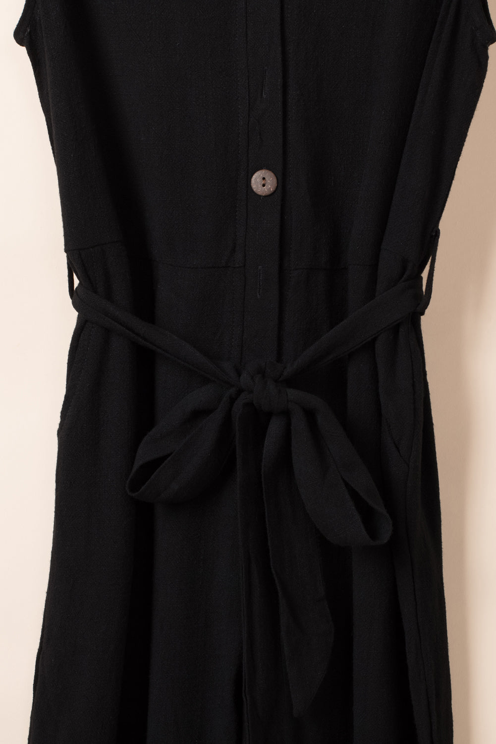 Black V Neck Button Belted Jumpsuit with Pockets