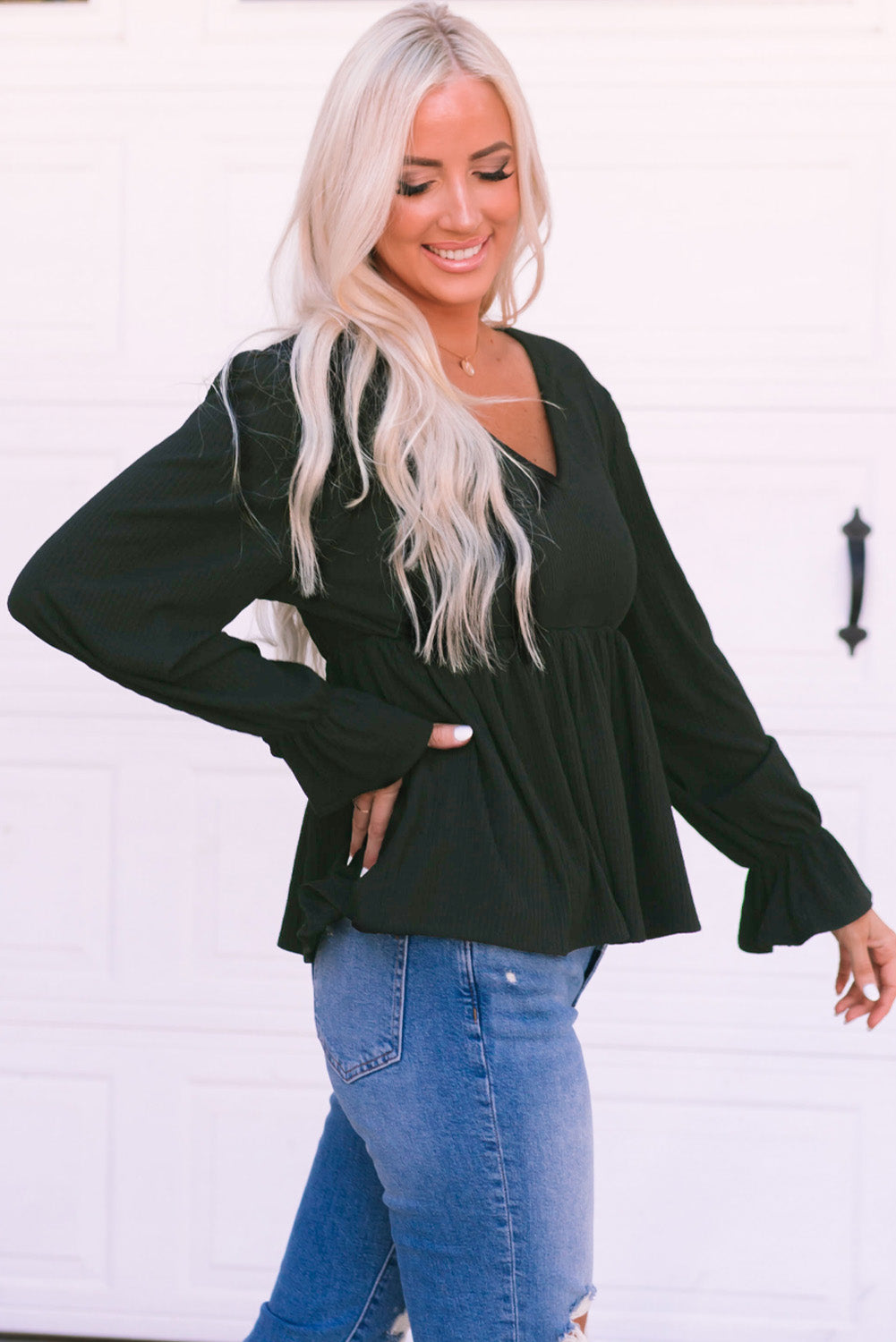 Black Pleated Ruffled V Neck Babydoll Top