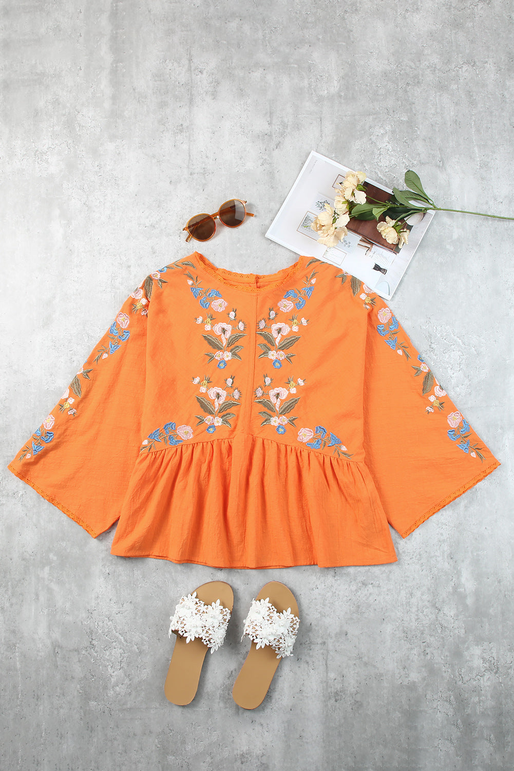 Orange Kimono Sleeves Embroidered Top