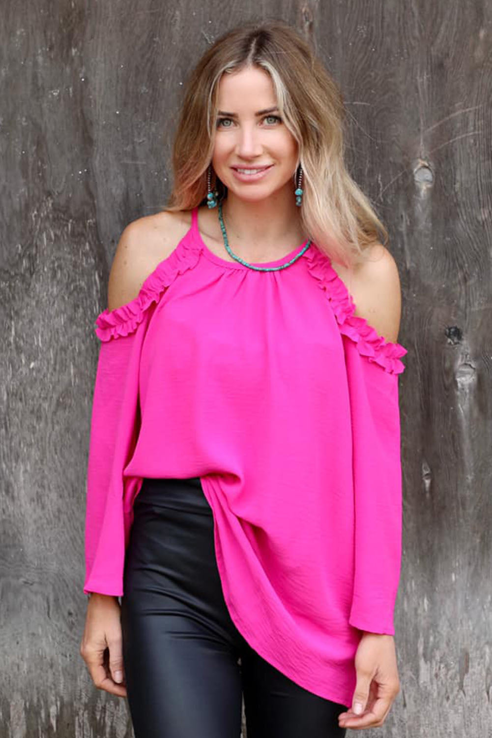 Rose Ruffled Cold Shoulder Long Sleeve Top