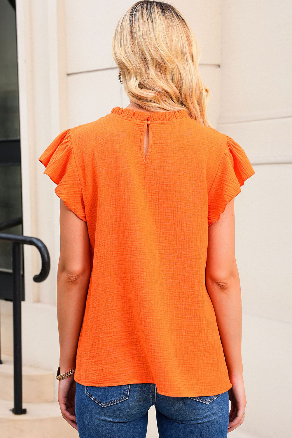 Rose Flutter Sleeve Frilled Neck Textured Blouse