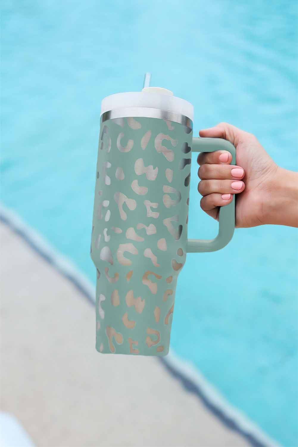 White Leopard Print 40OZ Stainless Steel Portable Cup with Handle