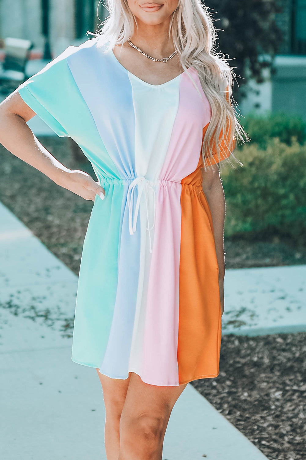 Color Block Tie Waist Rolled Short Sleeve Mini Dress with Pocket