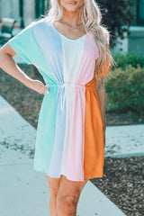 Color Block Tie Waist Rolled Short Sleeve Mini Dress with Pocket