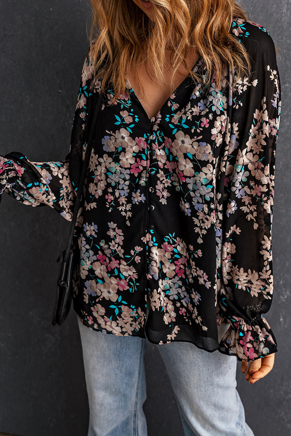 Black Plus Size Floral Print Lace Splicing Short Sleeve Blouse