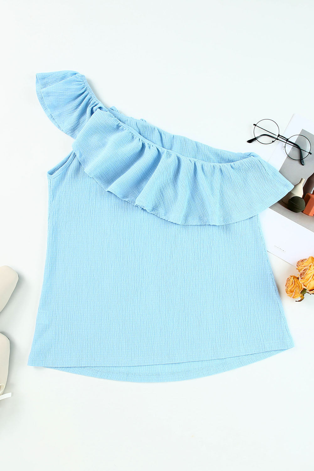 Sky Blue Ruffle One Shoulder Crinkle Tank