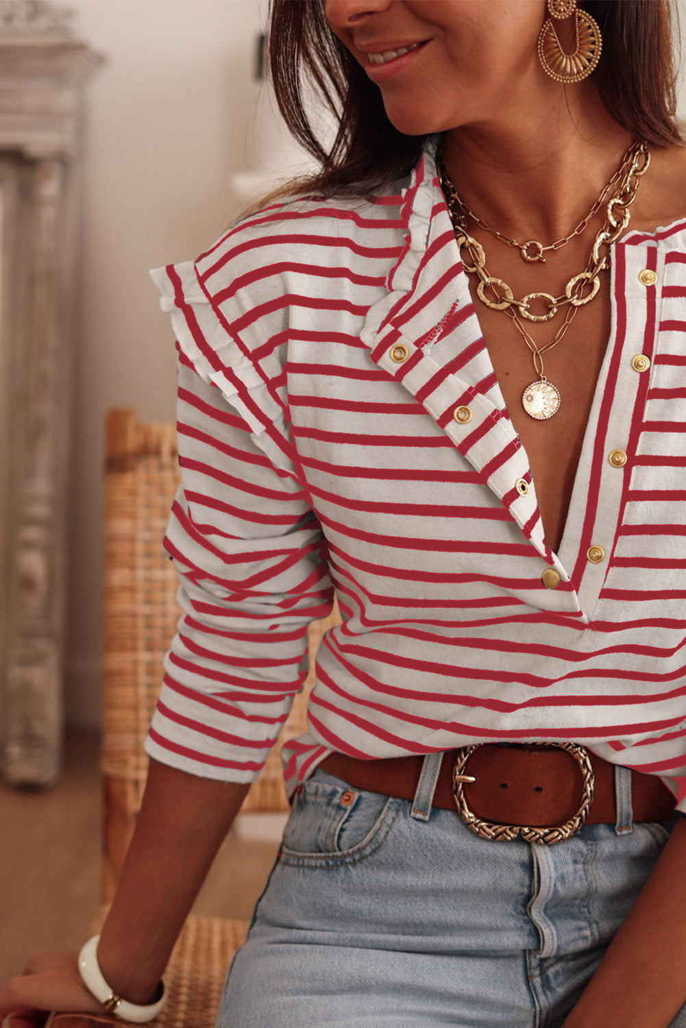 Black Striped Print Ruffled Buttoned Long Sleeve Top