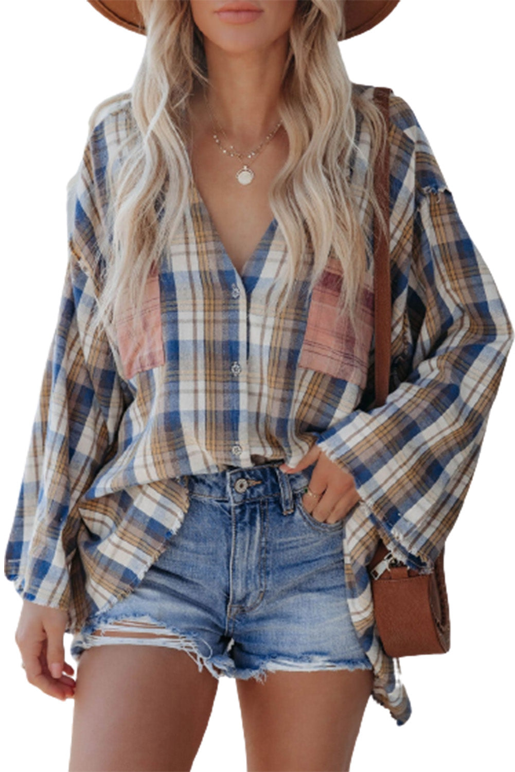 Plaid Pattern Asymmetric Buttons Shirt