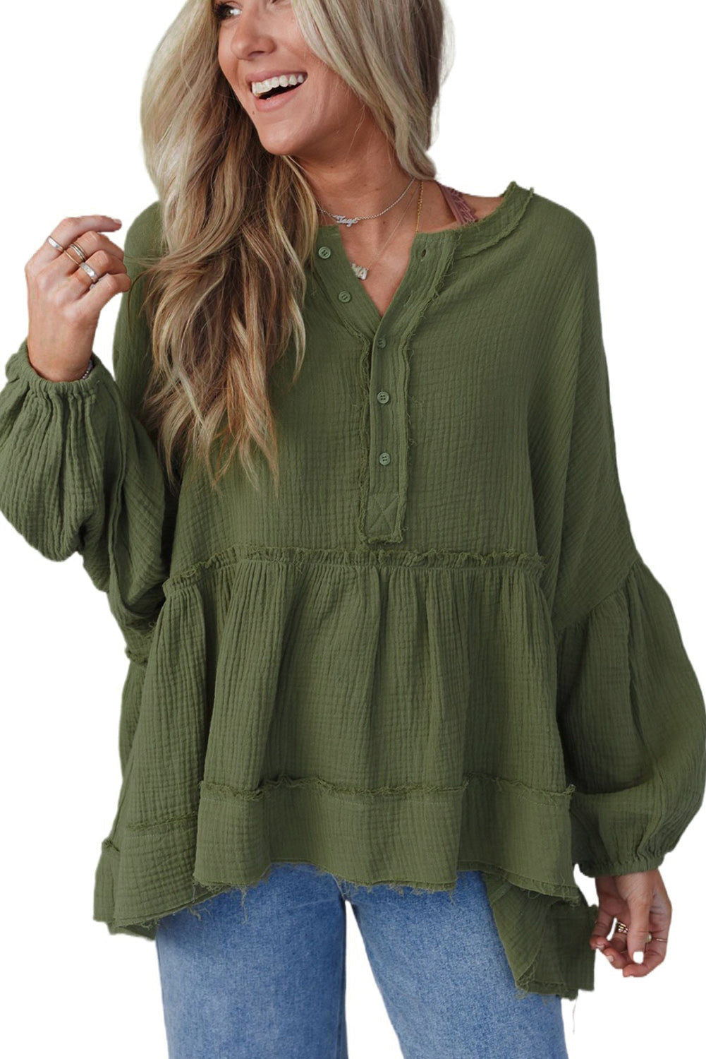 Green Henley Button Drop Shoulder Loose Sleeve Raw Edge Top