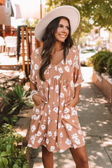 Khaki V Neck Floral Babydoll Dress with Pockets