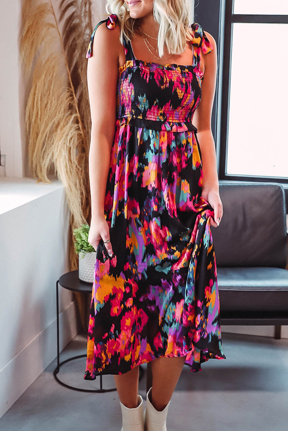 Black Smocked Tie-dye Print Midi Dress