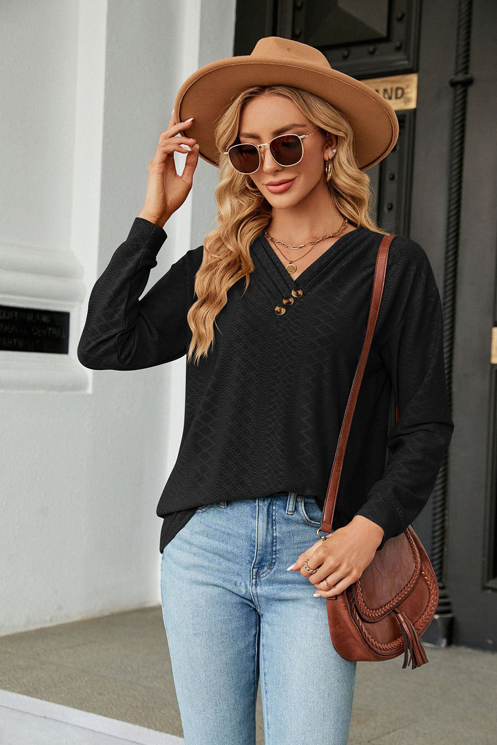 Black Pleated V Neck Jacquard Long Sleeve Top