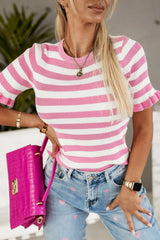 Pink Striped Ruffled Short Sleeve O-neck Knit Sweater Top