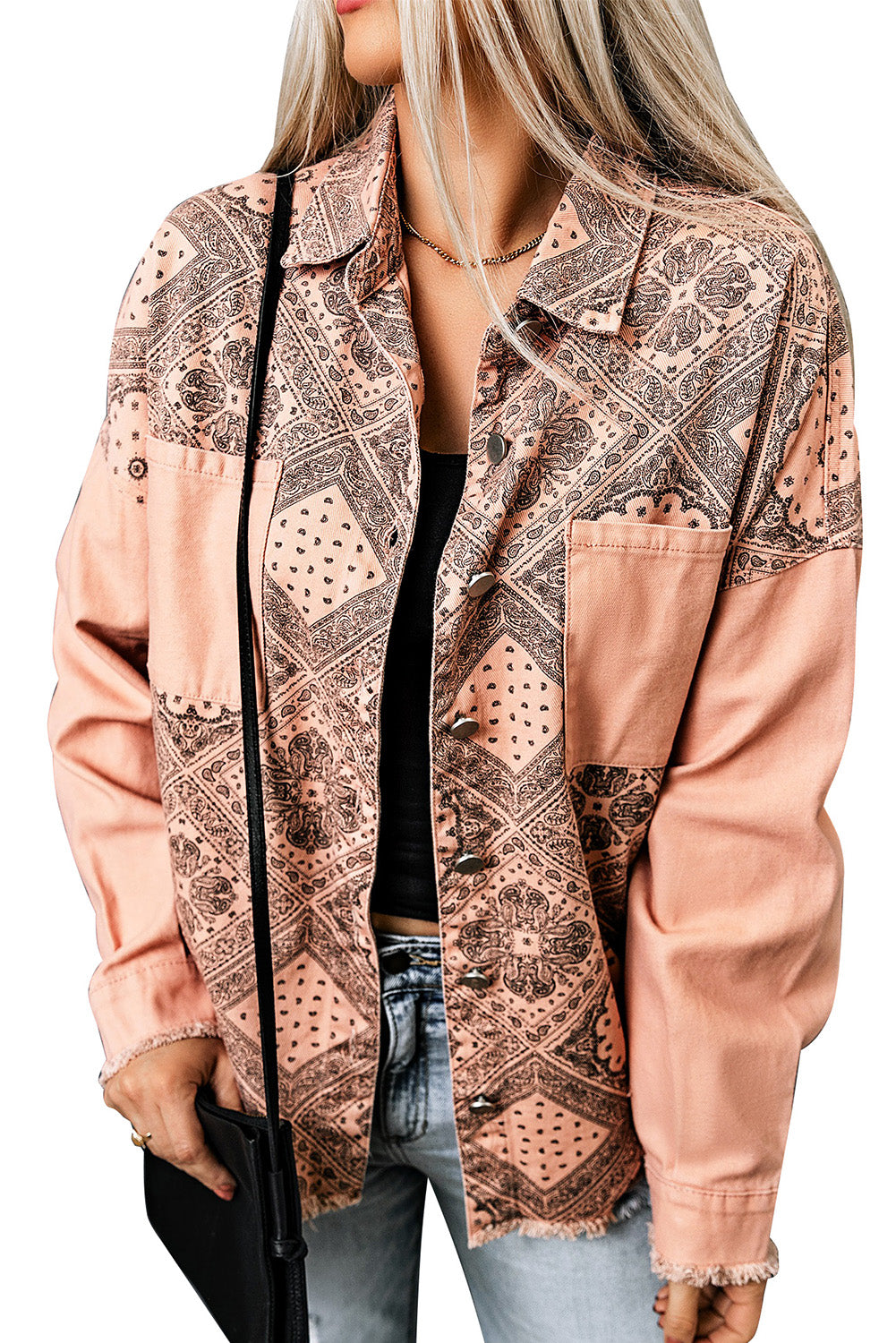 Pink Geometric Print Ripped Shirt Jacket with Pockets