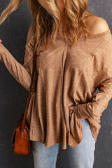 Brown Seamed Loose Fit V Neck Long Sleeve Top