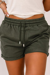 Green Tie Waist Side Pockets Cuffed Lounge Shorts