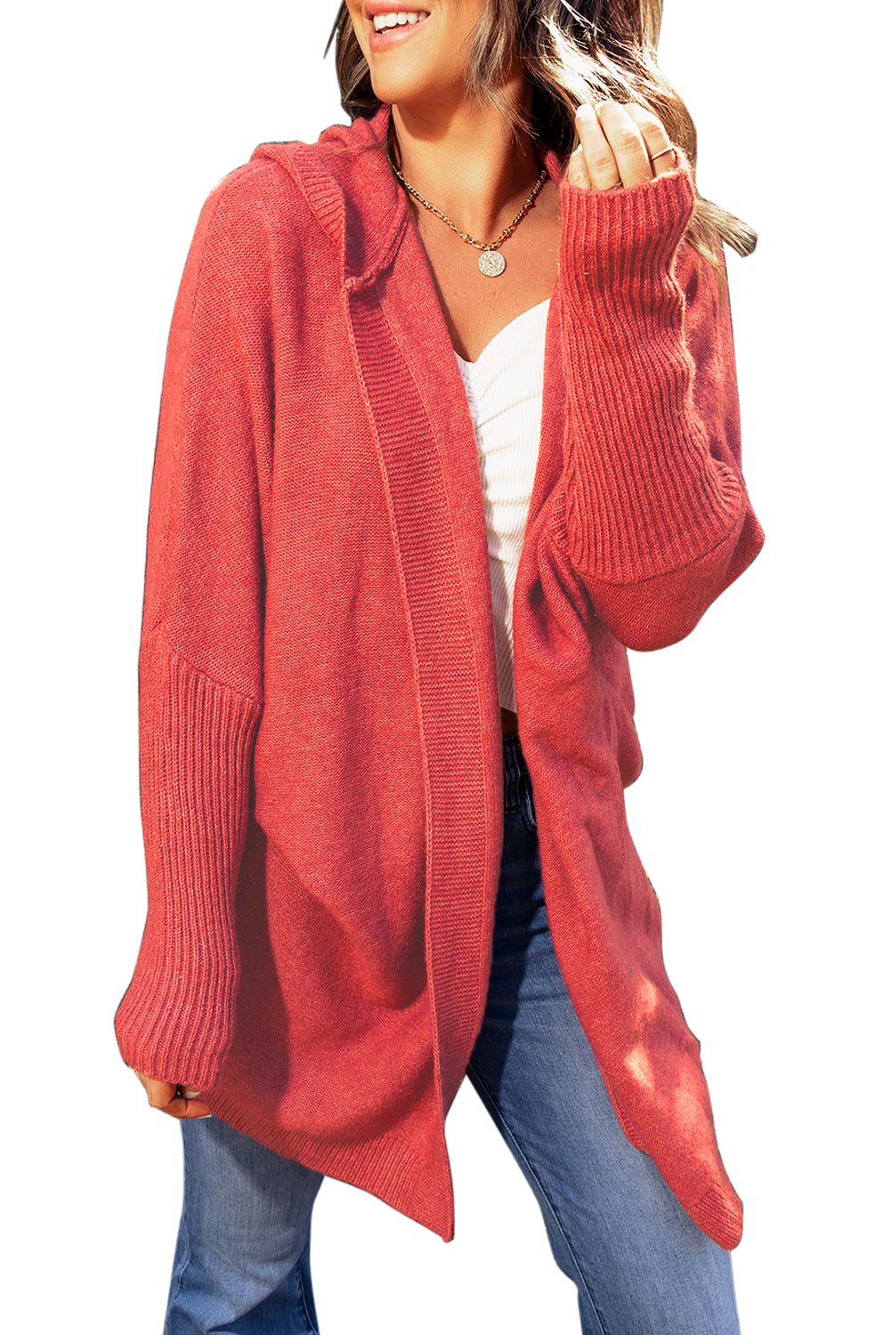 Rib Trimmed Batwing Sleeve Hooded Cardigan