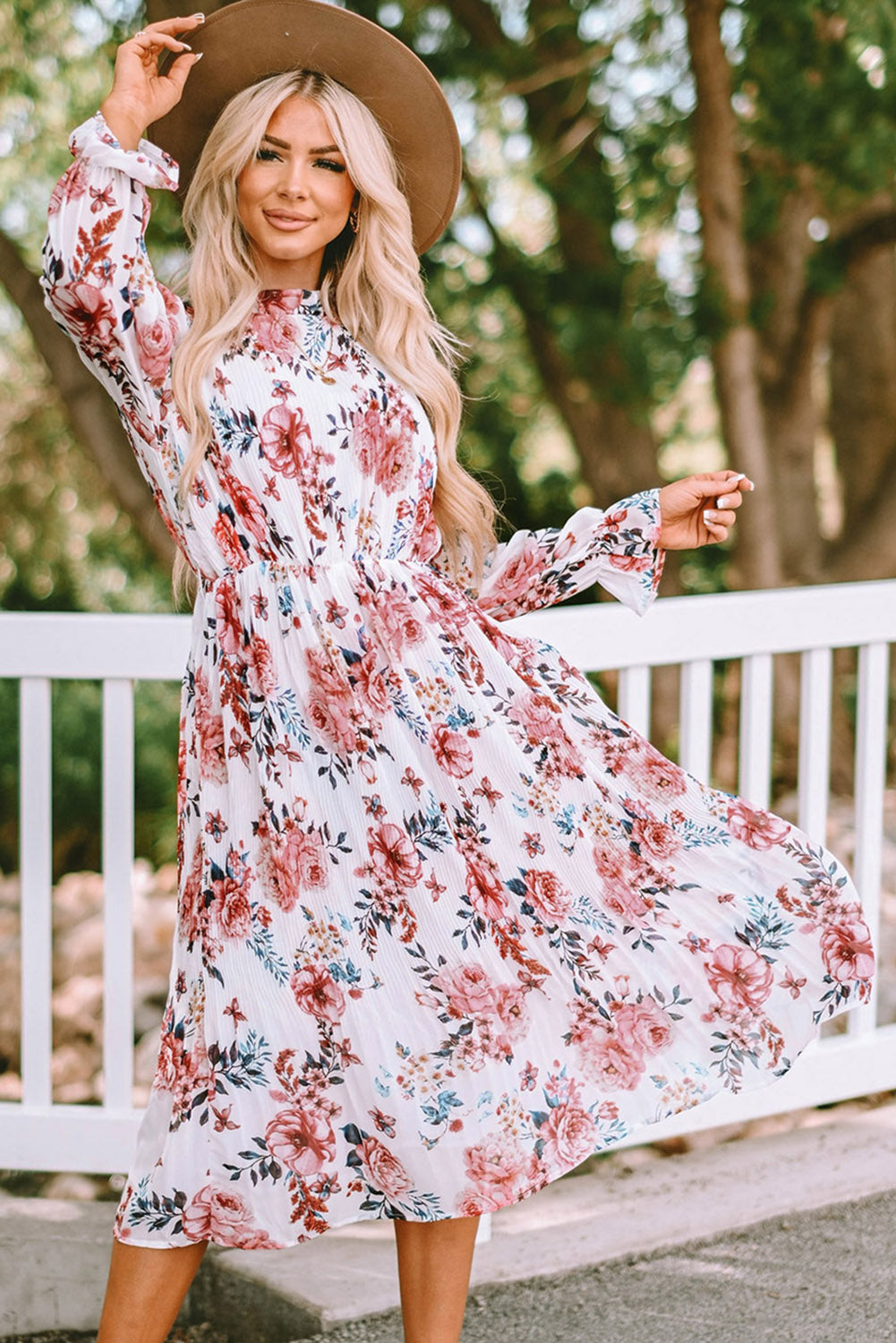 Beige Floral Print Puffy Sleeve Ruffled Midi Dress