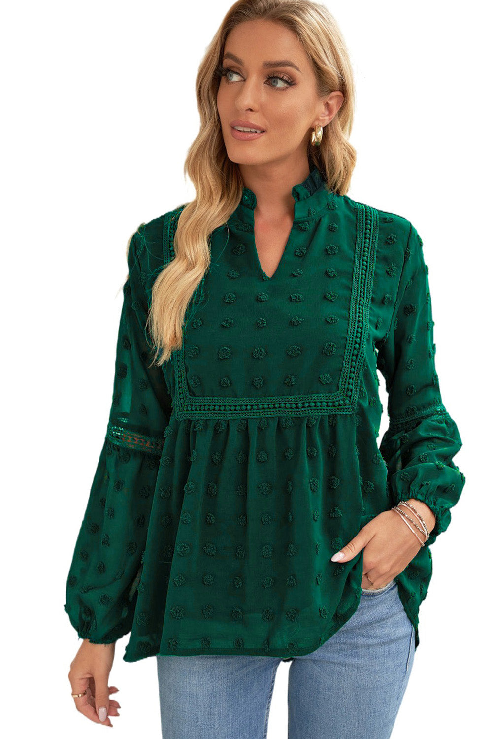 Green Ruffled Split Neck Lace Hollow Out Puff Sleeve Polka Dot Blouse