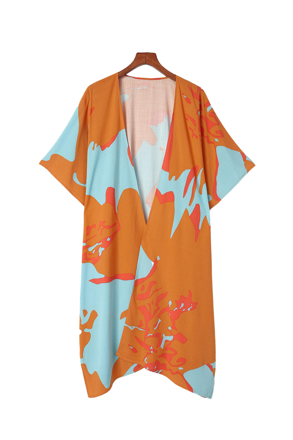 Brown Abstract Print Open Front Kimono with Slits