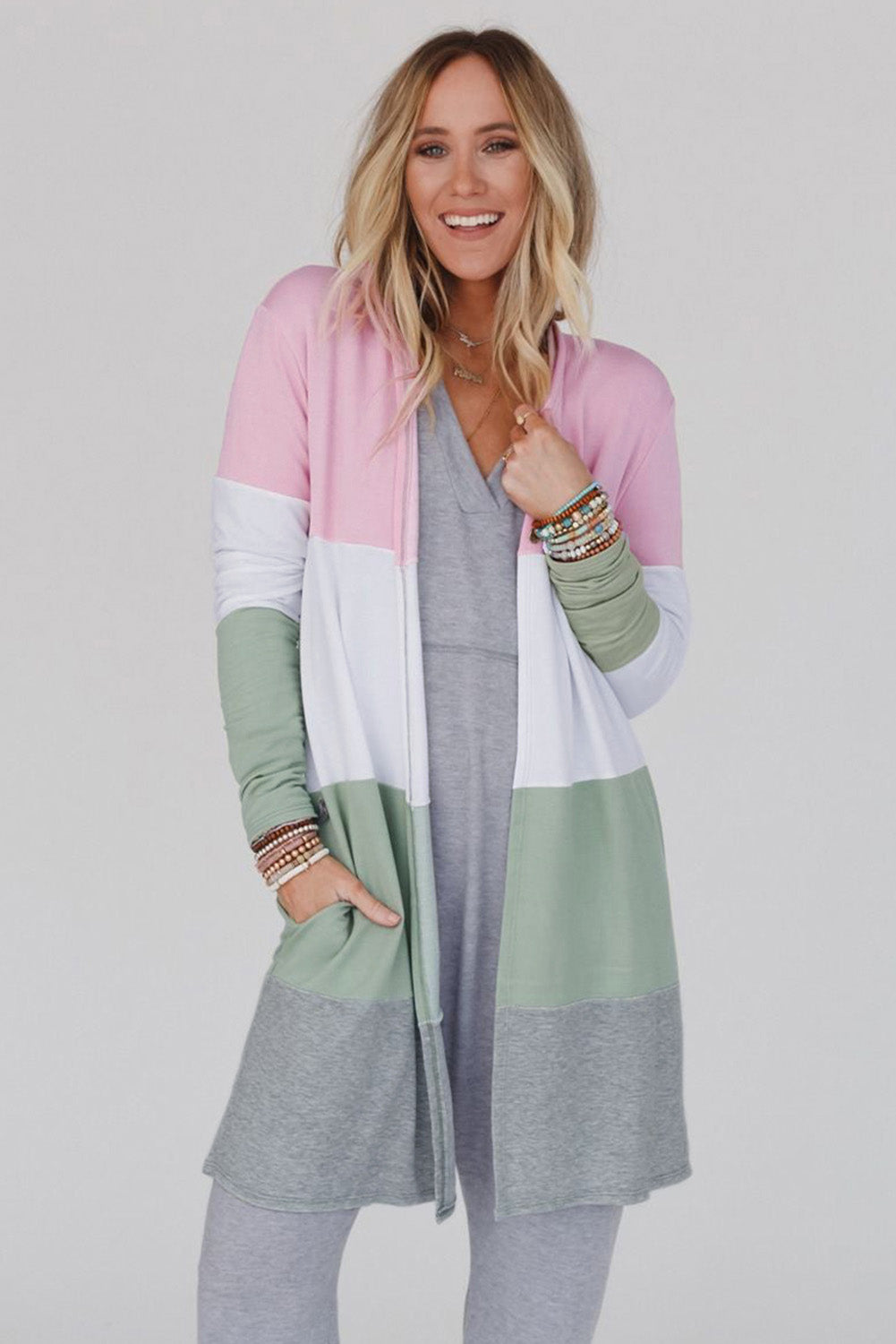 Pink Plus Size Colorblock Open Front Cardigan