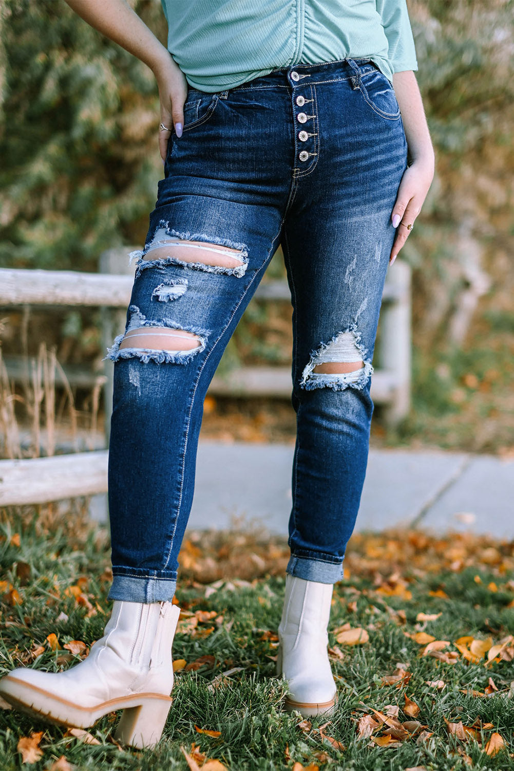 Blue Medium Wash Button Fly Distressed Plus Size Jeans