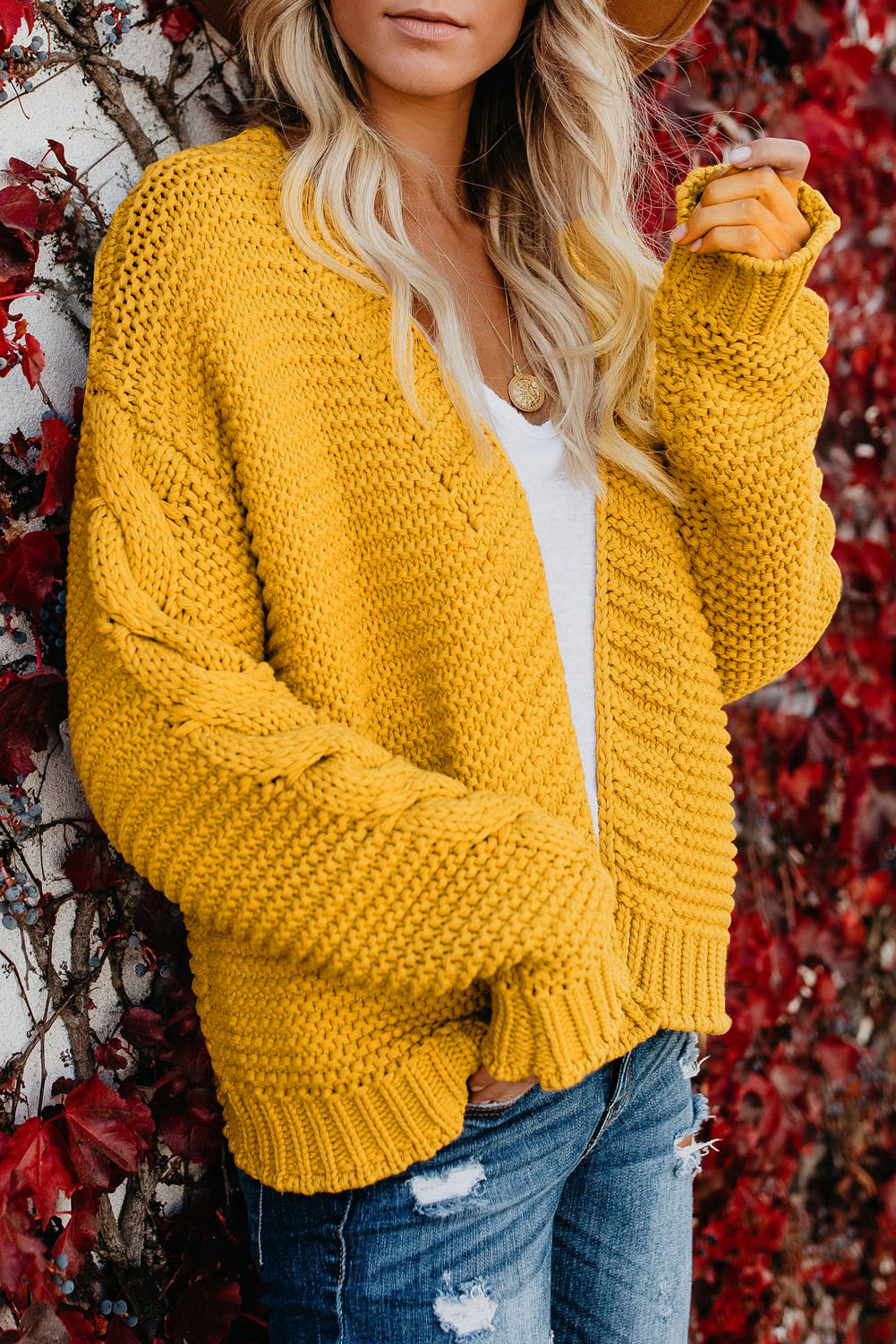 Yellow Open Front Chunky Knit Cardigan