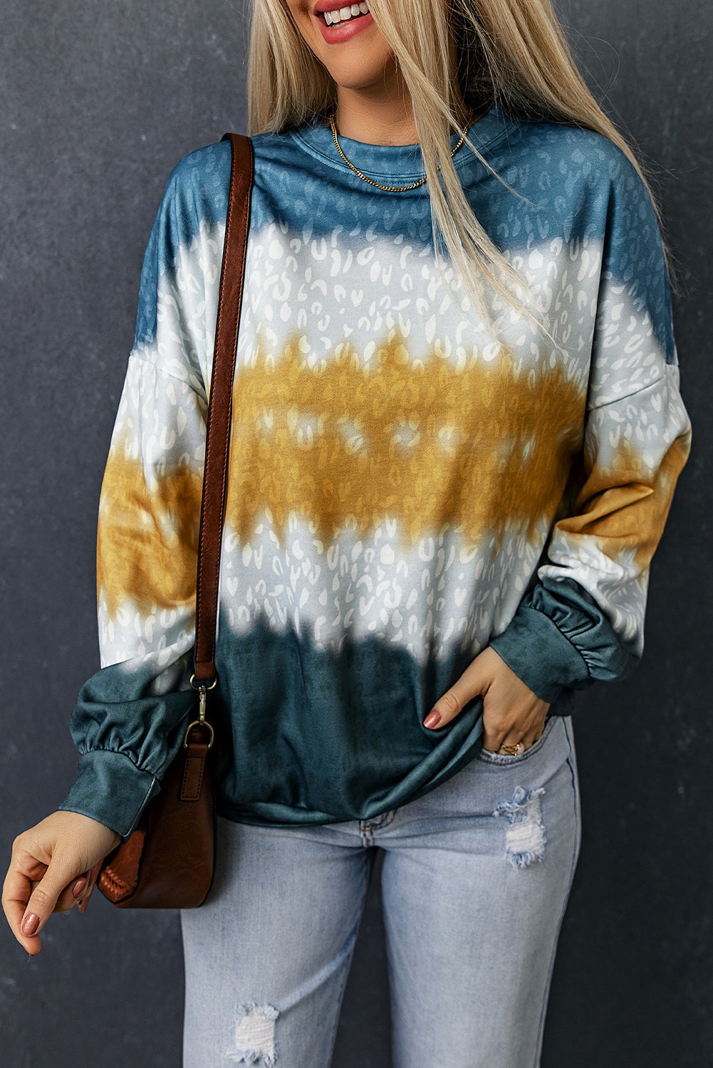 Multicolor Leopard Tie Dye Color Block Pullover Sweatshirt