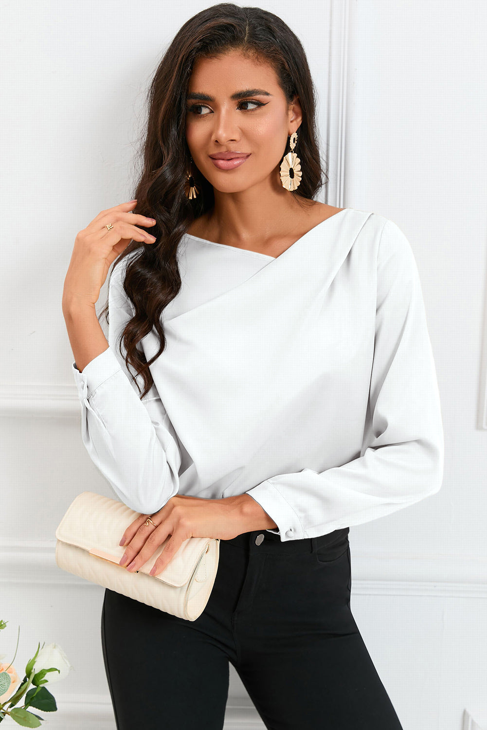 Apricot Solid Asymmetric V Neck Long Sleeve Satin Blouse