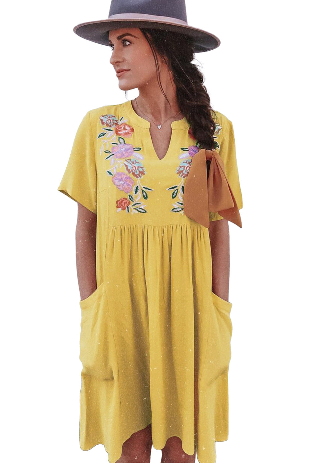 Yellow Split Neck Embroidered Floral Babydoll Swing Dress