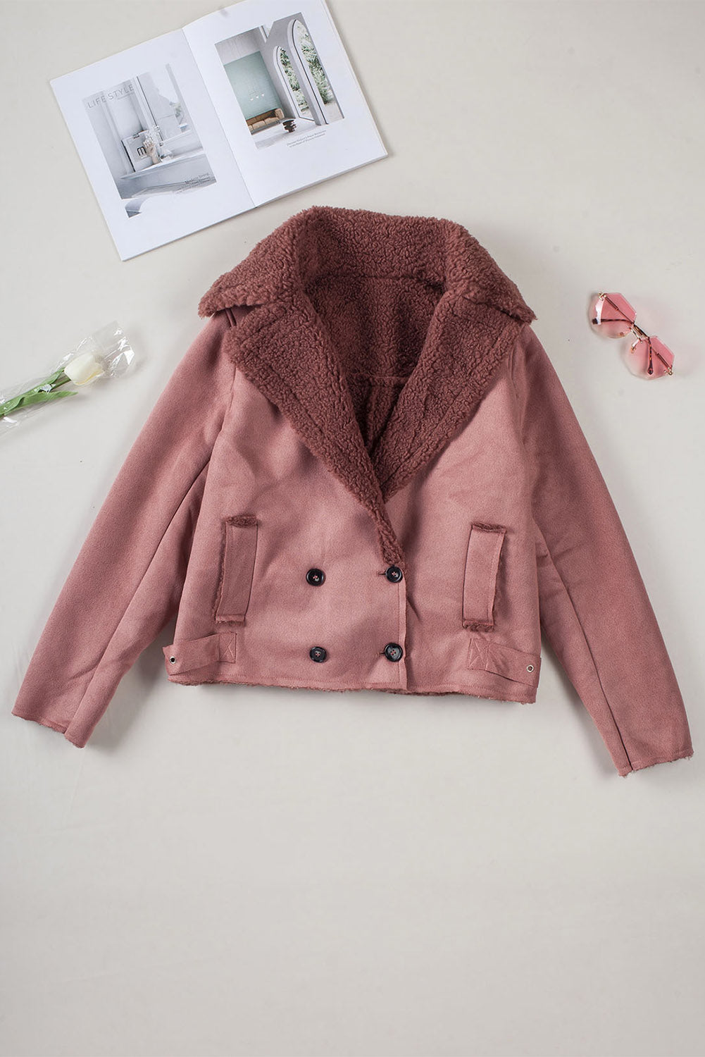 Pink Plush Lining Suede Cropped Double Breasted Coat