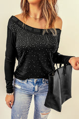 Black Rhinestone Detail Asymmetric Cold Shoulder Top