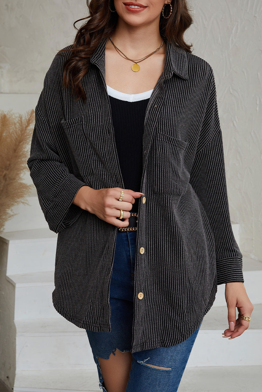 Sky Blue Roll Tab Sleeve Ribbed Cording Shacket