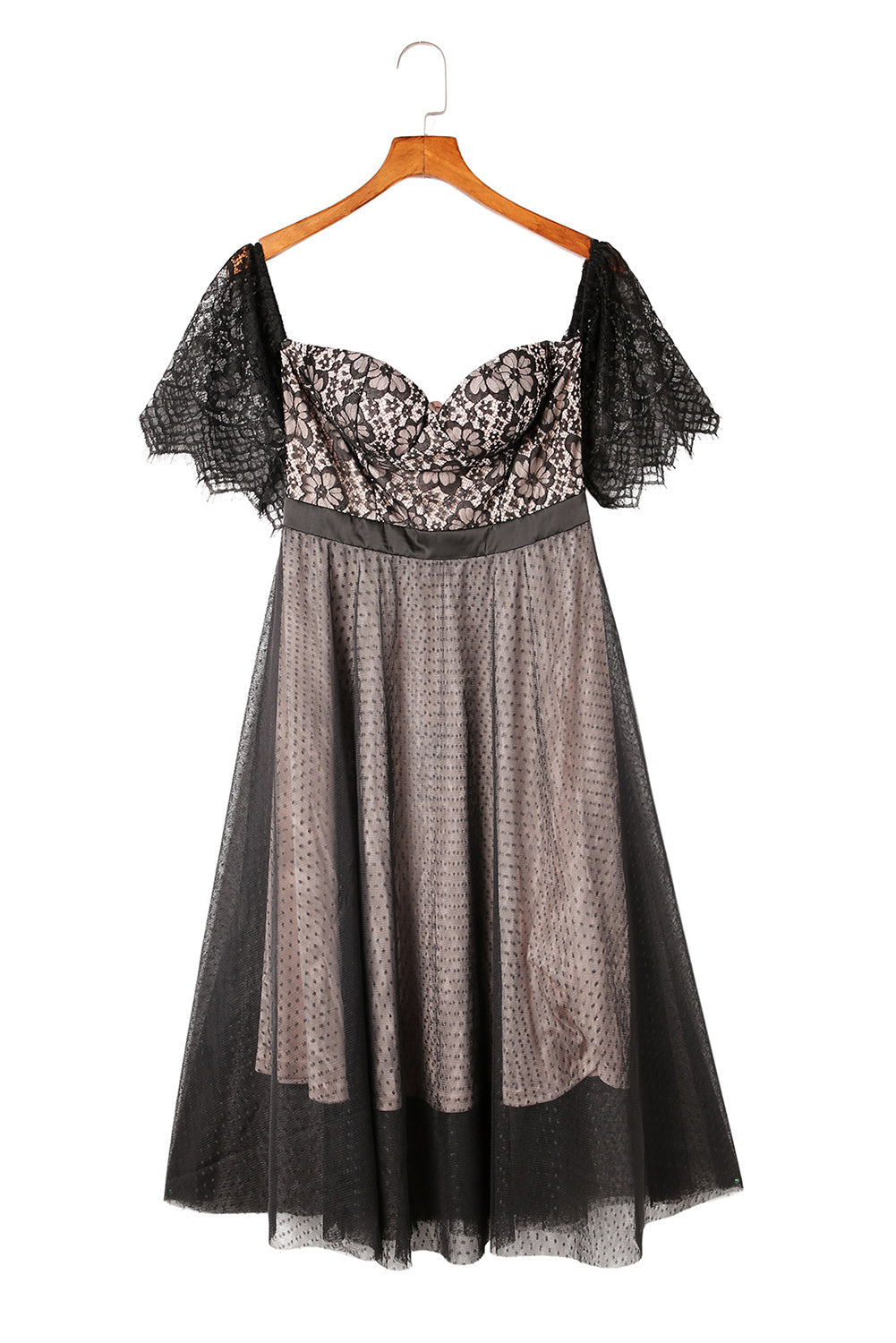 Black Dotted Lace Mesh Off Shoulder Dress