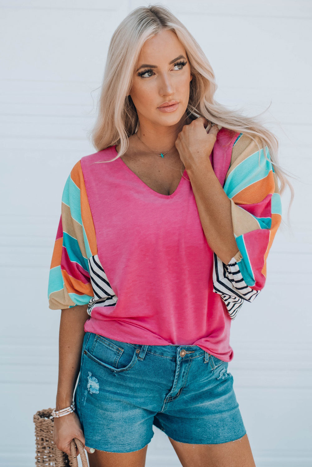 Rose Stripe Color Block Bubble Sleeve Top