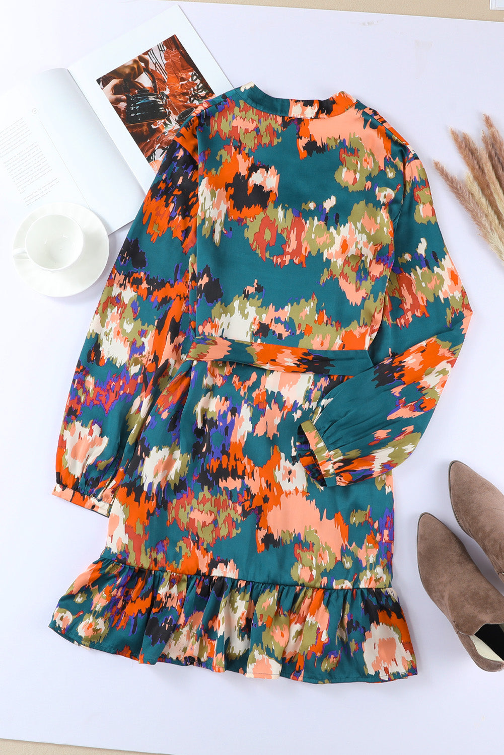 Green Abstract Print Ruffled Drawstring High Waist Mini Dress